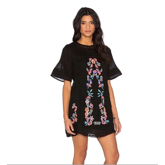 Free People Dresses & Skirts - Free People Black Floral Embroidered Lace Trim Mini Dress XS Boho Short Sleeve